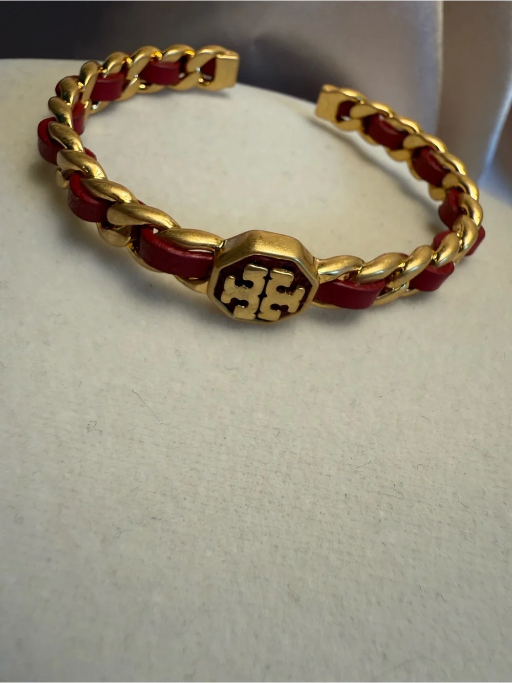 Tory Burch Red Leather and Gold Logo Chain Cuff